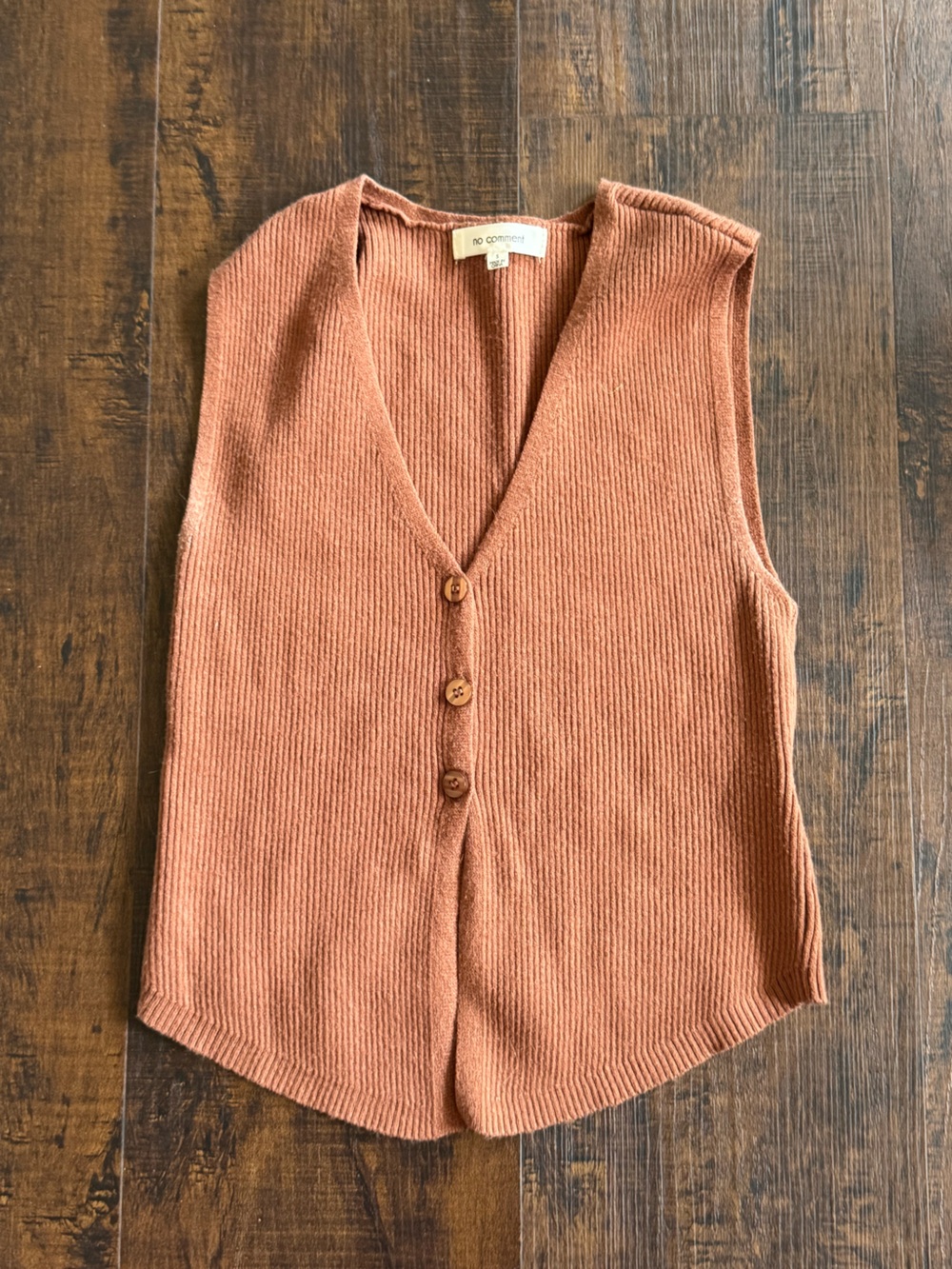No Comment Ribbed Knit Button top in Rusty Terracotta